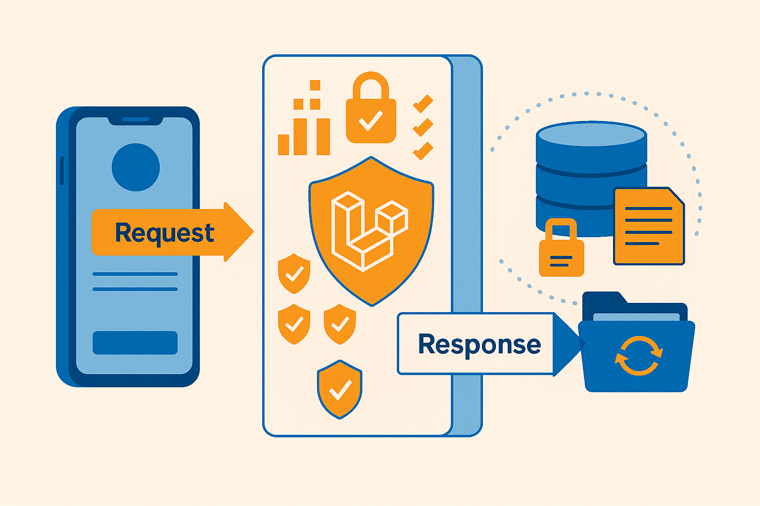 Mobiele app communiceert via een beschermende integratielaag met een legacy-database en batchbestanden.