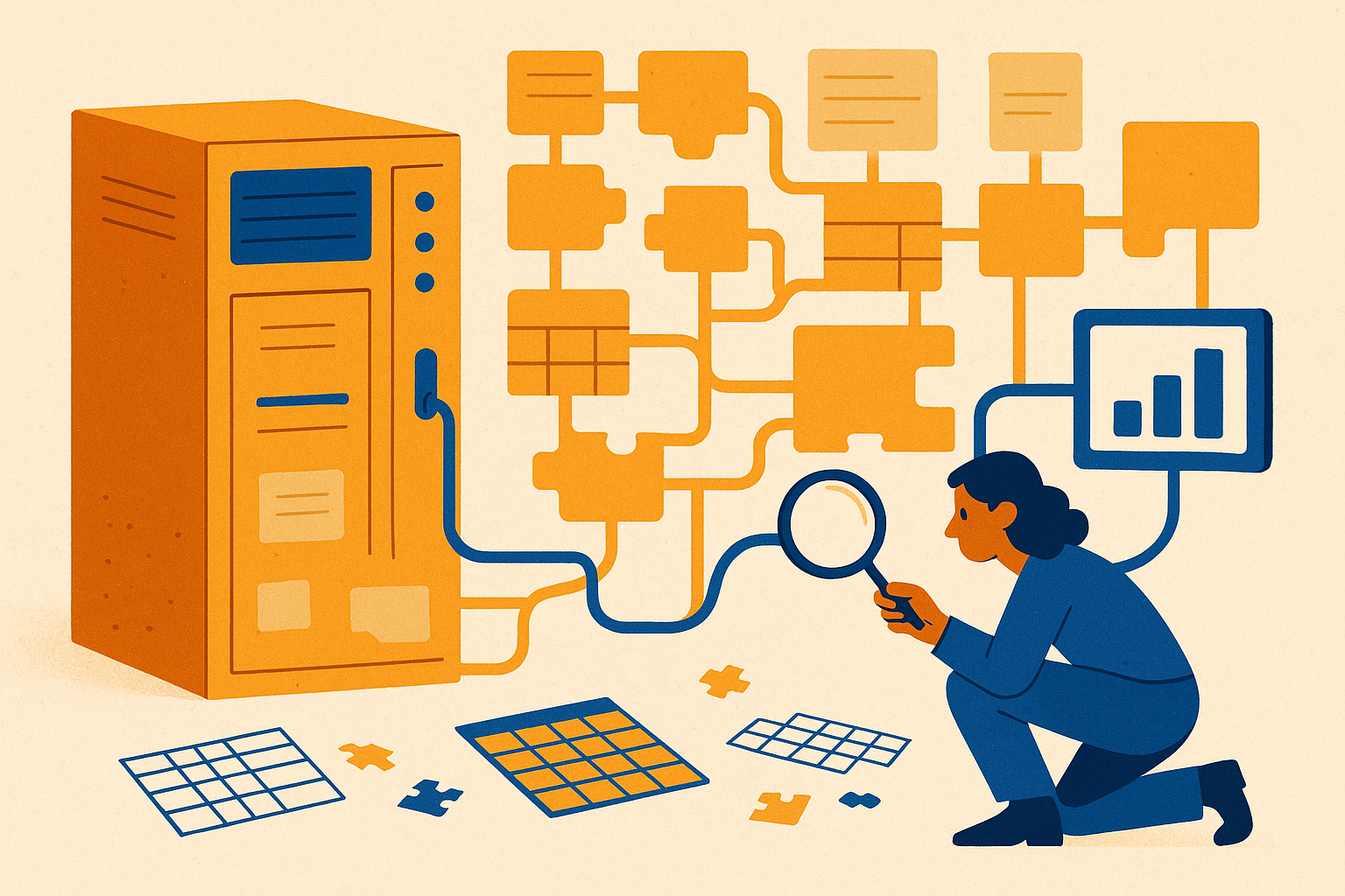 Engineer onderzoekt verborgen afhankelijkheden tussen een legacy-database en een nieuw BI-dashboard.