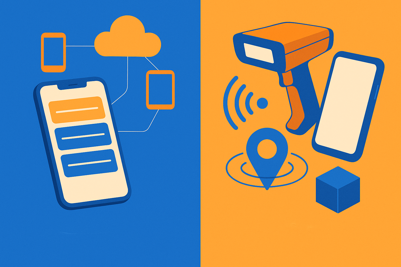 Vergelijking tussen een standaard workflowapp en een app met scanner-, locatie- en grafische hardwarekoppelingen.