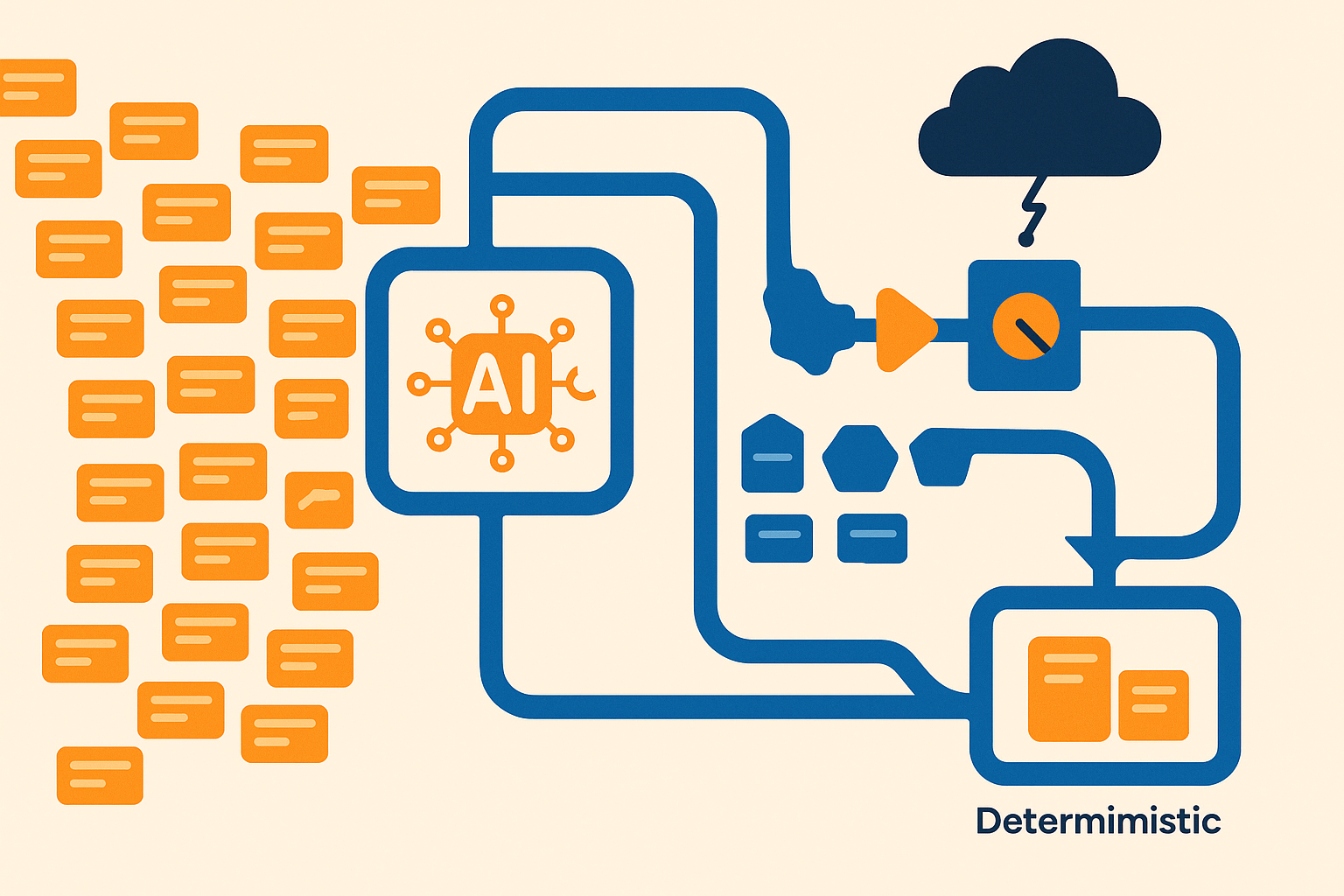 Piekbelasting en API-uitval worden via gescheiden queues en een fallbackroute opgevangen.