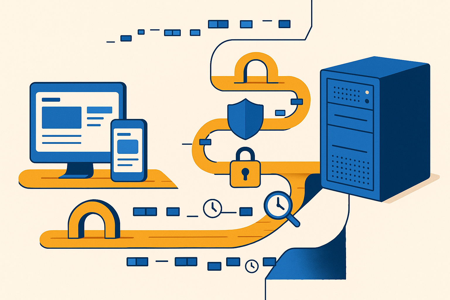 Dataverkeer van moderne applicatie naar legacyserver via meerdere beveiligingslagen.